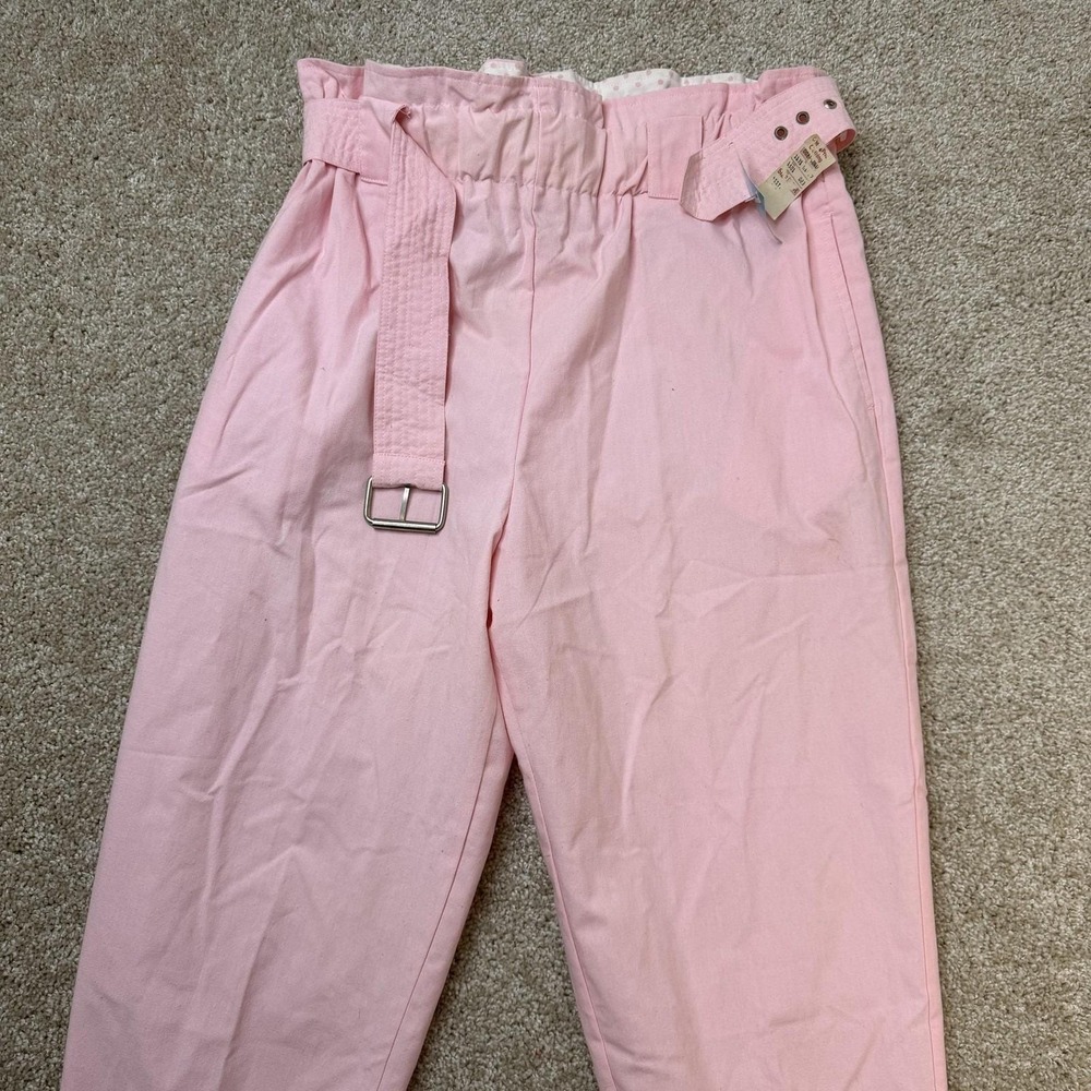 Vintage 90s Justin Allen Pants Womens L Pink Twill Paperbag Belted Tapered Leg